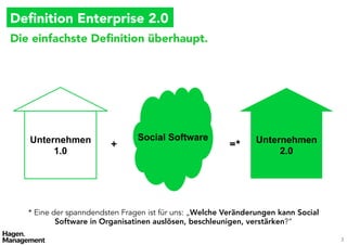 Deﬁnition Enterprise 2.0
Die einfachste Deﬁnition überhaupt.




   Unternehmen                      Social Software                      Unternehmen
                           +
                                    =*
        1.0                                                                   2.0




      * Eine der spannendsten Fragen: „Welche strategischen, strukturellen und kulturellen
     Veränderungen kann Social Software in Organisationen unterstützen und verstärken?“

                                                                                             3
 