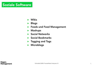 Soziale Software



              ▶    Wikis
              ▶    Blogs
              ▶    Feeds und Feed Management
              ▶    Mashups
              ▶    Social Networks
              ▶    Social Bookmarks
              ▶    Tagging and Tags
              ▶    Microblogs




                     Schönefeld (2009): Praxisleitfaden Enterprise 2.0.   5
 