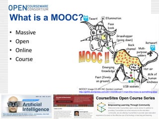 Massive
• Stanford University – Artificial Intelligence
  course
  – 160,000 students
• MIT – Circuits and Electronics course
  – 120,000 students
• Indiana – Instructional Ideas and Technology
  Tools for Online Success
  – 4,000 students
 