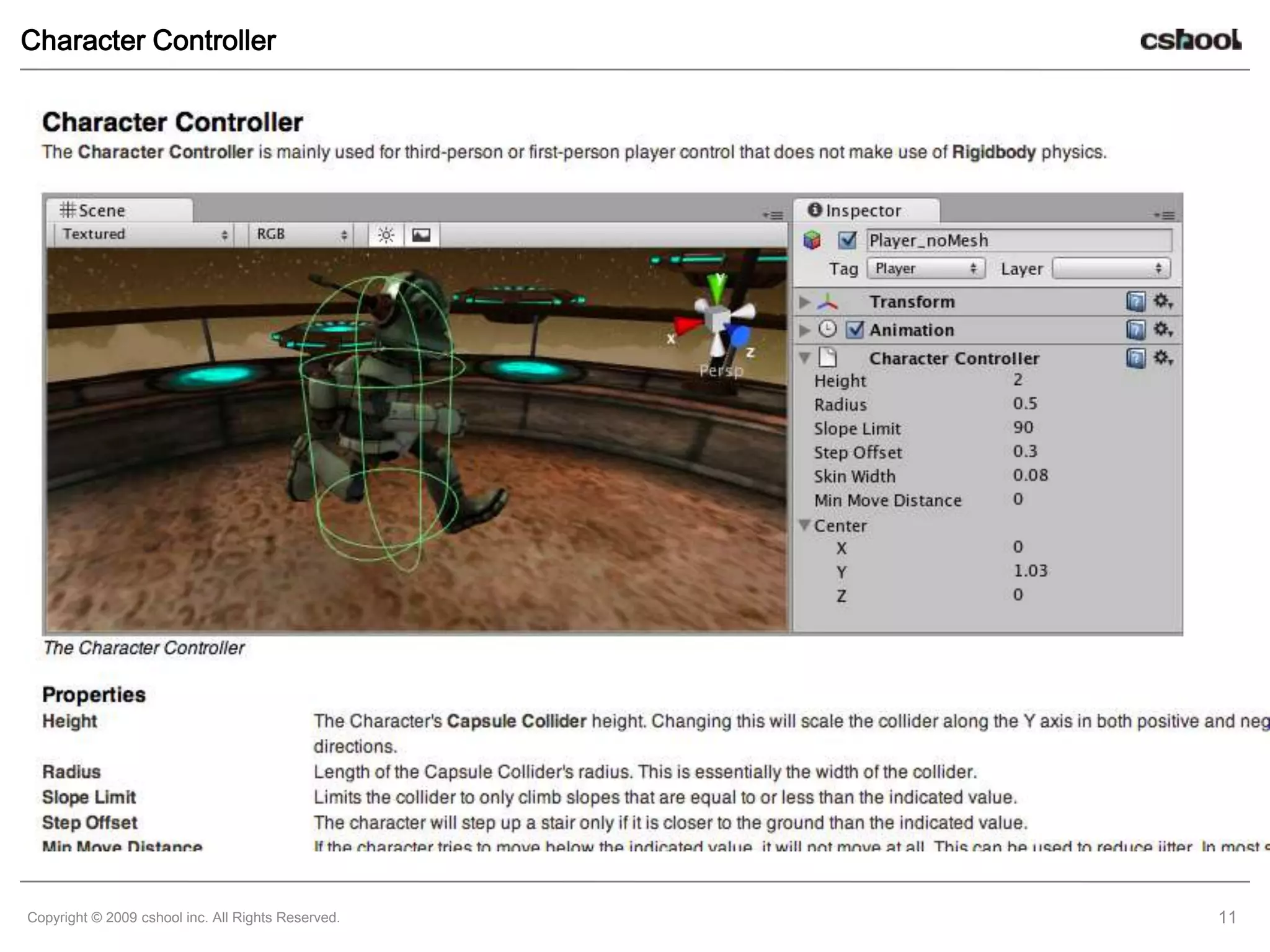 Character Controller




Copyright © 2009 cshool inc. All Rights Reserved.   11
 
