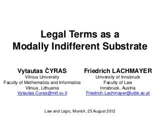 Legal Terms as a
Modally Indifferent Substrate
Vytautas ČYRAS

Friedrich LACHMAYER

Vilnius University
Faculty of Mathematics and Informatics
Vilnius, Lithuania
Vytautas.Cyras@mif.vu.lt

University of Innsbruck
Faculty of Law
Innsbruck, Austria
Friedrich.Lachmayer@uibk.ac.at

Law and Logic, Munich, 25 August 2012

 