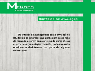 Critérios de Avaliação



    Os critérios de avaliação não serão enviados na
DT, devido às empresas que participam dessa fatia
de mercado estarem com carteiras de obras cheias
e setor de orçamentação reduzido, podendo assim
ocasionar o desinteresse por parte de algumas
concorrentes.
 