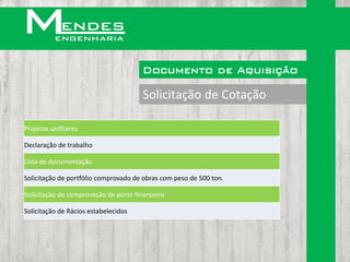 Documento de Aquisição

                                      Solicitação de Cotação

Projetos unifilares

Declaração de trabalho

Lista de documentação

Solicitação de portfólio comprovado de obras com peso de 500 ton.

Solicitação de comprovação de porte financeiro

Solicitação de Rácios estabelecidos
 