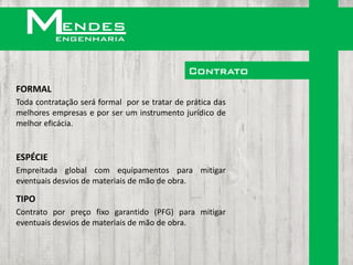 Contrato
FORMAL
Toda contratação será formal por se tratar de prática das
melhores empresas e por ser um instrumento jurídico de
melhor eficácia.


ESPÉCIE
Empreitada global com equipamentos para mitigar
eventuais desvios de materiais de mão de obra.

TIPO
Contrato por preço fixo garantido (PFG) para mitigar
eventuais desvios de materiais de mão de obra.
 