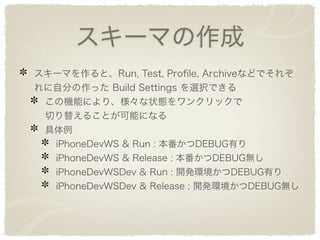 スキーマの作成
スキーマを作ると、Run, Test, Proﬁle, Archiveなどでそれぞ
れに自分の作った Build Settings を選択できる
 この機能により、様々な状態をワンクリックで
 切り替えることが可能になる
 具体例
  iPhoneDevWS & Run : 本番かつDEBUG有り
  iPhoneDevWS & Release : 本番かつDEBUG無し
  iPhoneDevWSDev & Run : 開発環境かつDEBUG有り
  iPhoneDevWSDev & Release : 開発環境かつDEBUG無し
 