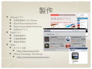 製作
iPhoneアプリ
   世界夜景旅行 for iPhone
   MusicPlayerSleepTimer
   MusicPlayerSleepTimerFree
   世界名作アプリ
iPadアプリ
   世界夜景旅行
   工場夜景探検
   夜桜花見旅行
Web
   さくさく日記
      http://iphonework.biz/
   iPhone Developer Workshop
      http://workshop.iphonework.biz/
 