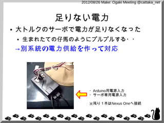 2012/08/26 Make: Ogaki Meeting @cattaka_net



             足りない電力
●   大トルクのサーボで電力が足りなくなった
    ●   生まれたての仔馬のようにプルプルする・・
  ...