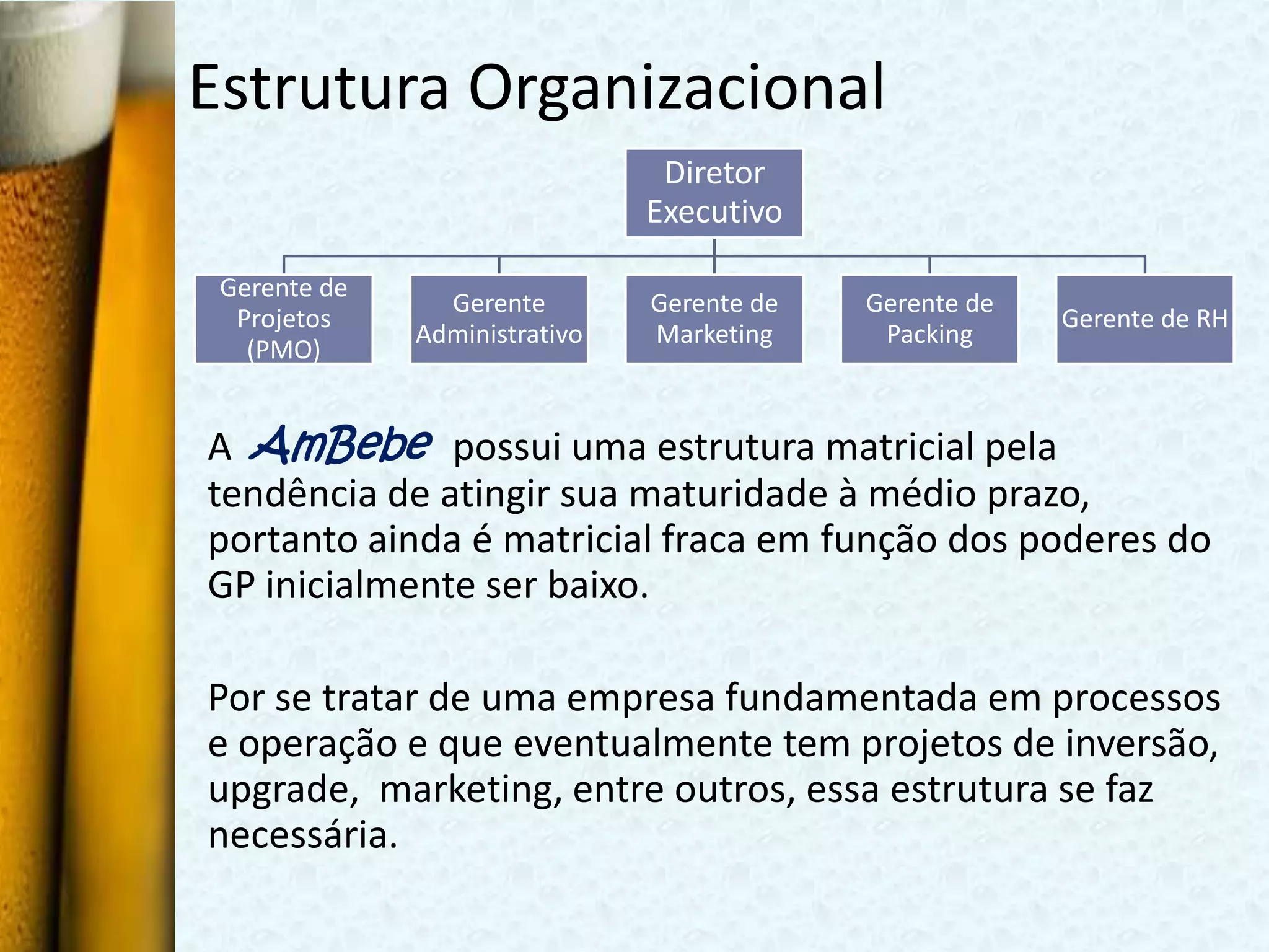 Estrutura Organizacional
                                Diretor
                               Executivo

 Gerente de
                Gerente        Gerente de   Gerente de
  Projetos                                               Gerente de RH
              Administrativo   Marketing     Packing
   (PMO)


A AmBebe possui uma estrutura matricial pela
tendência de atingir sua maturidade à médio prazo,
portanto ainda é matricial fraca em função dos poderes do
GP inicialmente ser baixo.

Por se tratar de uma empresa fundamentada em processos
e operação e que eventualmente tem projetos de inversão,
upgrade, marketing, entre outros, essa estrutura se faz
necessária.
 