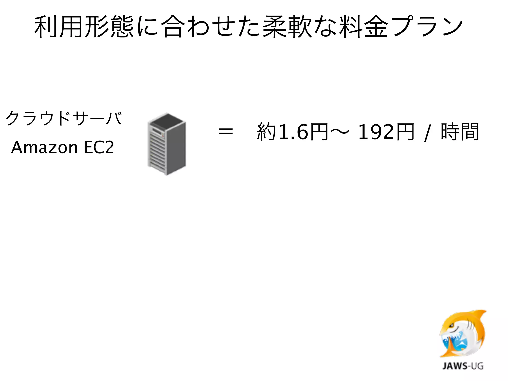 利用形態に合わせた柔軟な料金プラン


クラウドサーバ
             ＝ 約1.6円∼ 192円 / 時間
Amazon EC2
 
