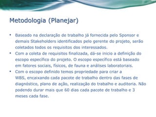 Metodologia (Planejar)

•   Baseado na declaração de trabalho já fornecida pelo Sponsor e
    demais Stakeholders identificados pelo gerente do projeto, serão
    coletados todos os requisitos dos interessados.
•   Com a coleta de requisitos finalizada, dá-se inicio a definição do
    escopo específico do projeto. O escopo específico está baseado
    em fatores sociais, físicos, de fauna e análises laboratoriais.
•   Com o escopo definido temos propriedade para criar a
    WBS, encaixando cada pacote de trabalho dentro das fases de
    diagnóstico, plano de ação, realização do trabalho e auditoria. Não
    podendo durar mais que 60 dias cada pacote de trabalho e 3
    meses cada fase.
 