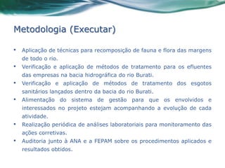 Metodologia (Executar)

•   Aplicação de técnicas para recomposição de fauna e flora das margens
    de todo o rio.
•   Verificação e aplicação de métodos de tratamento para os efluentes
    das empresas na bacia hidrográfica do rio Burati.
•   Verificação e aplicação de métodos de tratamento dos esgotos
    sanitários lançados dentro da bacia do rio Burati.
•   Alimentação do sistema de gestão para que os envolvidos e
    interessados no projeto estejam acompanhando a evolução de cada
    atividade.
•   Realização periódica de análises laboratoriais para monitoramento das
    ações corretivas.
•   Auditoria junto à ANA e a FEPAM sobre os procedimentos aplicados e
    resultados obtidos.
 