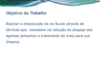 Objetivo do Trabalho

Realizar a despoluição do rio Burati através de
técnicas que consistem na redução do despejo dos
agentes poluentes e tratamento do meio para sua
limpeza.
 