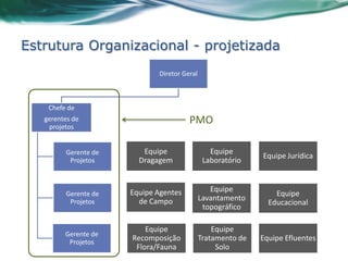 Estrutura Organizacional - projetizada
                             Diretor Geral



    Chefe de
   gerentes de
    projetos
                                       PMO

         Gerente de      Equipe                 Equipe
                                                             Equipe Jurídica
          Projetos      Dragagem              Laboratório


                      Equipe Agentes            Equipe
         Gerente de                                              Equipe
          Projetos      de Campo             Lavantamento
                                                               Educacional
                                              topográfico

                          Equipe                 Equipe
         Gerente de
          Projetos
                      Recomposição           Tratamento de   Equipe Efluentes
                       Flora/Fauna                Solo
 