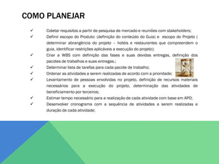 COMO PLANEJAR
    Coletar requisitos a partir de pesquisa de mercado e reuniões com stakeholders;
    Definir escopo do Produto: (definição do conteúdo do Guia) e escopo do Projeto (
     determinar abrangência do projeto – hotéis e restaurantes que compreendem o
     guia, identificar restrições aplicáveis a execução do projeto);
    Criar a WBS com definição das fases e suas devidas entregas, definição dos
     pacotes de trabalhos e suas entregas.;
    Determinar lista de tarefas para cada pacote de trabalho;
    Ordenar as atividades a serem realizadas de acordo com a prioridade;
    Levantamento de pessoas envolvidas no projeto, definição de recursos materiais
     necessários para a execução do projeto, determinação das atividades de
     beneficiamento por terceiros;
    Estimar tempo necessário para a realização de cada atividade com base em APO;
    Desenvolver cronograma com a sequência de atividades a serem realizadas e
     duração de cada atividade;
 