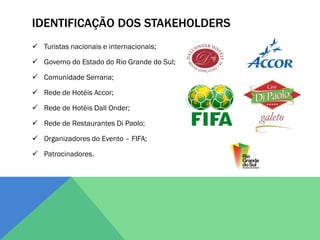 IDENTIFICAÇÃO DOS STAKEHOLDERS
 Turistas nacionais e internacionais;

 Governo do Estado do Rio Grande do Sul;

 Comunidade Serrana;

 Rede de Hotéis Accor;

 Rede de Hotéis Dall Onder;

 Rede de Restaurantes Di Paolo;

 Organizadores do Evento – FIFA;

 Patrocinadores.
 