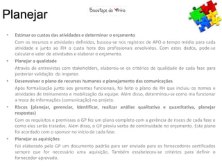 Planejar
•   Estimar os custos das atividades e determinar o orçamento
    Com os recursos e atividades definidos, buscou-se nos registros de APO o tempo médio para cada
    atividade e junto ao RH o custo hora dos profissionais envolvidos. Com estes dados, pode-se
    calcular o valor de atividades e elaborar o orçamento.
•   Planejar a qualidade
    Através de entrevistas com stakeholders, elaborou-se os critérios de qualidade de cada fase para
    posterior validação do inspetor.
•   Desenvolver o plano de recursos humanos e planejamento das comunicações
    Após formalização junto aos gerentes funcionais, foi feito o plano de RH que incluiu os nomes e
    atividades de treinamento e mobilização da equipe. Além disso, determinou-se como iria funcionar
    a troca de informações (comunicação) no projeto.
•   Riscos (planejar, gerenciar, identificar, realizar análise qualitativa e quantitativa, planejar
    respostas)
    Com os requisitos e premissas o GP fez um plano completo com a gerência de riscos de cada fase e
    como eles serão tratados. Além disso, o GP previu verba de continuidade no orçamento. Este plano
    foi acordado com o sponsor no início de cada fase.
•   Planejar as aquisições
    Foi elaborado pelo GP um documento padrão para ser enviado para os fornecedores certificados
    sempre que for necessário uma aquisição. Também estabeleceu-se critérios para definir o
    fornecedor aprovado.
 