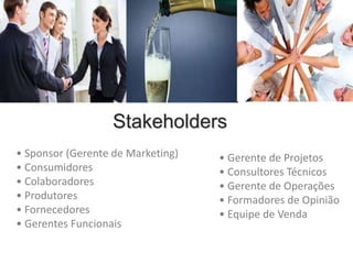 Stakeholders
• Sponsor (Gerente de Marketing)   • Gerente de Projetos
• Consumidores                     • Consultores Técnicos
• Colaboradores                    • Gerente de Operações
• Produtores                       • Formadores de Opinião
• Fornecedores                     • Equipe de Venda
• Gerentes Funcionais
 