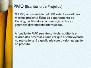 PMO (Escritório de Projetos)
O PMO, representado pelo GP, estará alocado no
mesmo ambiente físico do departamento de
Packing, facilitando a comunicação entre as
gerências diretamente interessadas.

A função do PMO será de controle, auditoria e
revisão dos processos, uma vez que a sobrevivência
no mercado será a qualidade com o valor agregado
no produto.
 