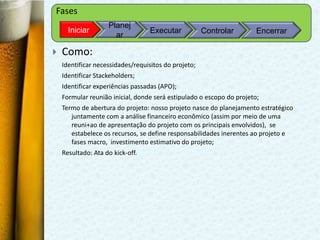 Fases
                    Planej
      Iniciar                     Executar            Controlar        Encerrar
                      ar

   Como:
    Identificar necessidades/requisitos do projeto;
    Identificar Stackeholders;
    Identificar experiências passadas (APO);
    Formular reunião inicial, donde será estipulado o escopo do projeto;
    Termo de abertura do projeto: nosso projeto nasce do planejamento estratégico
       juntamente com a análise financeiro econômico (assim por meio de uma
       reuni+ao de apresentação do projeto com os principais envolvidos), se
       estabelece os recursos, se define responsabilidades inerentes ao projeto e
       fases macro, investimento estimativo do projeto;
    Resultado: Ata do kick-off.
 