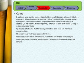 Fases
                   Planej
      Iniciar                     Executar         Controlar          Encerrar
                     ar

   Como:
    É realizada uma reunião com os Stackeholders envolvidos para alinhar atividades e
    repassar o “Plano de Gerenciamento de Projeto” (comunicação, entregas, datas,
    cronograma com caminho critico, responsabilidades, critérios de avalição e
    aceitação, e indicadores de desempenho,/ “Manual de boas praticas de operação”
    riscos, recursos críticos)
    Qualidade: é feita uma Auditoria dos parâmetros com base em normas e
    regulamentos .
    RH: desenvolver matriz de responsabilidades.
    Comunicação: Distribuir informações, fazer rodar a matriz de comunicações
    Aquisições: Obter contratos, Analise Técnica, comercial, emissão de ordem de
    compra.
 