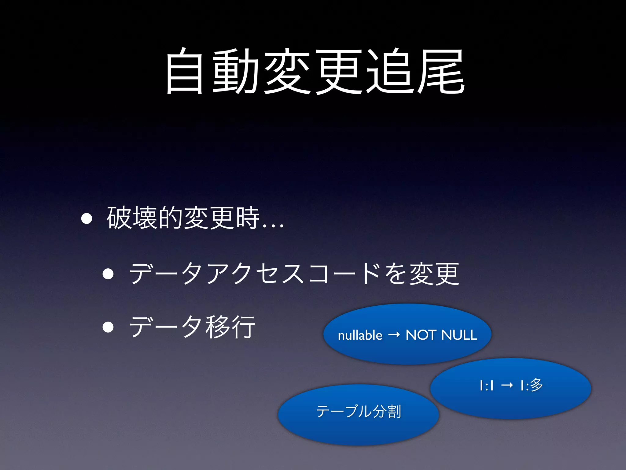 自動変更追尾
• 破壊的変更時…
• データアクセスコードを変更
• データ移行
1:1 → 1:多
nullable → NOT NULL
テーブル分割
 