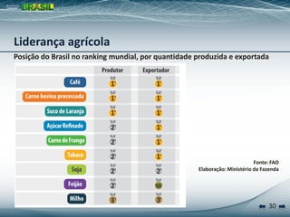 Liderança agrícola
Posição do Brasil no ranking mundial, por quantidade produzida e exportada




                                                                            Fonte: FAO
                                                     Elaboração: Ministério da Fazenda




                                                                                 30
 