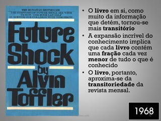 • O livro em si, como
          muito da informação
          que detém, tornou-se
          mais transitório
        • A expansão incrível do
          conhecimento implica
          que cada livro contém
          uma fração cada vez
          menor de tudo o que é
          conhecido
        • O livro, portanto,
          aproxima-se da
          transitoriedade da
          revista mensal.


ObliqPress.com
                         1968 72
 