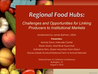 Challenges and Opportunities for Linking
   Producers to Institutional Markets
           Moderated by James Barham, USDA
                        Presenters:
              Mandy Davis, Intervale Center
             Robin Morris, Mad River Food Hub
       Katherine Sims, Green Mountain Farm Direct
  Stacey Sobell, Ecotrust/National Farm to School Network


            National Farm to Cafeteria Conference
                         Burlington, VT
                        August 5, 2012



                                                            08/05/2012
 