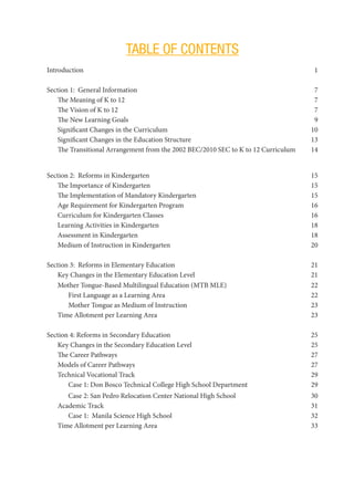 TABLE OF CONTENTS
Introduction	 1
Section 1: General Information	 7
The Meaning of K to 12 7
The Vision of K to 12 	 7
The New Learning Goals	 9
Significant Changes in the Curriculum 10
Significant Changes in the Education Structure 13
The Transitional Arrangement from the 2002 BEC/2010 SEC to K to 12 Curriculum 14
Section 2: Reforms in Kindergarten	 15
The Importance of Kindergarten 15
The Implementation of Mandatory Kindergarten 15
Age Requirement for Kindergarten Program	 16
Curriculum for Kindergarten Classes	 16
Learning Activities in Kindergarten	 18
Assessment in Kindergarten	 18
Medium of Instruction in Kindergarten 20
Section 3: Reforms in Elementary Education 21
Key Changes in the Elementary Education Level 21
Mother Tongue-Based Multilingual Education (MTB MLE)	 22
First Language as a Learning Area 22
Mother Tongue as Medium of Instruction 23
Time Allotment per Learning Area 23
Section 4: Reforms in Secondary Education 25
Key Changes in the Secondary Education Level 25
The Career Pathways 27
Models of Career Pathways 27
Technical Vocational Track	 29
Case 1: Don Bosco Technical College High School Department	 29
Case 2: San Pedro Relocation Center National High School 30
Academic Track 31
Case 1: Manila Science High School 32
Time Allotment per Learning Area 33
 