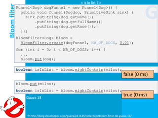 < Is in list ? >

Bloom filter
           Funnel<Dog> dogFunnel = new Funnel<Dog>() {
             public void funnel(Dogdog, PrimitiveSink sink) {
               sink.putString(dog.getName())
                   .putString(dog.getFullName())
                   .putString(dog.getRace());
                                                                                                G
             }};
           BloomFilter<Dog> bloom =
             BloomFilter.create(dogFunnel, NB_OF_DOGS, 0.01);
           for (int i = 0; i < NB_OF_DOGS; i++) {
             ...
             bloom.put(dog);

           boolean isInList = bloom.mightContain(milou);
                                                                                      false (0 ms)
           bloom.put(milou);
           boolean isInList = bloom.mightContain(milou);
               Guava 13
                                                                                      true (0 ms)


                http://blog.developpez.com/guava/p11149/collection/bloom-filter-de-guava-13/
 