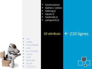     Constructeurs
                   Getters / setters
                   toString ()
                   equals ()
                   hashCode ()
                   compareTo ()




                   10 attributs          210 lignes
   id
   name
   fullName
   sex
   birthday
   race
   lof
   weight
   size
   Colors
 
