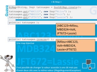 < Bi Map >



                                                                             G
Guava
    BiMap<String, Dog> tatouages = HashBiMap.create();
    tatouages.put("ABC123", new Dog("Milou") );
    tatouages.put("MBD324", new Dog("Volt") );
    tatouages.put("JFT672", new Dog("Lassie") );

    println( tatouages );
                                                 {ABC123=Milou,
                                                 MBD324=Volt,

         ABC123=Milou
    println( tatouages.inverse() );
         Une map bijective
                                                 JFT672=Lassie}

                                                 {Milou=ABC123,

         MDB324=Volt
                                                 Volt=MBD324,
                                                 Lassie=JFT672}



         JFT672=Lassie
         Il est possible de changer la valeur associée à une clé mais pas
         d'avoir deux clés avec la même valeur (IllegalArgumentException).
 