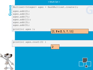 < Multi Set >


Guava
                                                              G
        Multiset<Integer> ages = HashMultiset.create();
        ages.add(2);
        ages.add(3);
        ages.add(7);
        ages.add(11);
        ages.add(3);
        ages.add(5);
        println( ages );
                                       [2, 3 x 2, 5, 7, 11]


        println( ages.count(3) )

                                       2
 