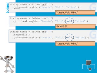 Joiner
     String names = Joiner.on(", ")
       .join(newArrayList("Lassie", "Volt", "Milou"));

                                        "Lassie, Volt, Milou"
                                                                G
         String names = Joiner.on(", ")
           .join(newArrayList("Lassie", "Volt", null, "Milou"));

                                         NPE 
     String names = Joiner.on(", ")
       .skipNulls()
       .join(newArrayList("Lassie", "Volt", null, "Milou"));

                                        "Lassie, Volt, Milou"
                                                                G
 