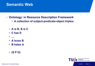 Semantic Web
• Ontology: in Resource Description Framework
− A collection of subject-predicate-object triples:
• A is B, B...
