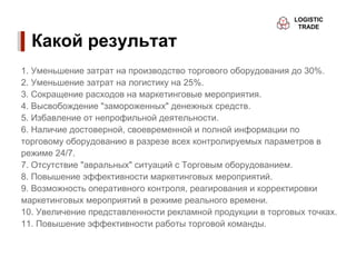 Какой результат
1. Уменьшение затрат на производство торгового оборудования до 30%.
2. Уменьшение затрат на логистику на 25%.
3. Сокращение расходов на маркетинговые мероприятия.
4. Высвобождение "замороженных" денежных средств.
5. Избавление от непрофильной деятельности.
6. Наличие достоверной, своевременной и полной информации по
торговому оборудованию в разрезе всех контролируемых параметров в
режиме 24/7.
7. Отсутствие "авральных" ситуаций с Торговым оборудованием.
8. Повышение эффективности маркетинговых мероприятий.
9. Возможность оперативного контроля, реагирования и корректировки
маркетинговых мероприятий в режиме реального времени.
10. Увеличение представленности рекламной продукции в торговых точках.
11. Повышение эффективности работы торговой команды.
 