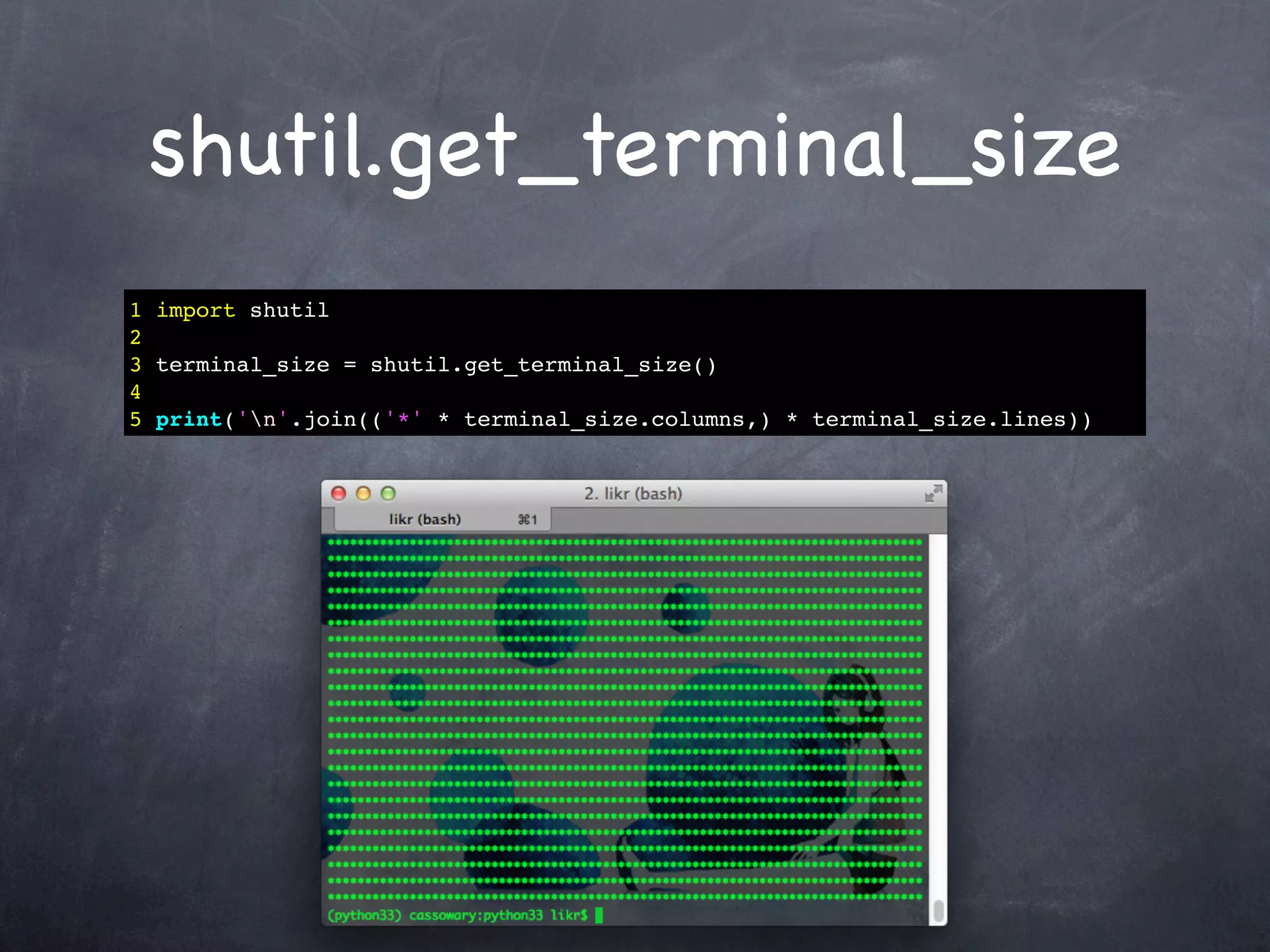 shutil.get_terminal_size
1 import shutil
2
3 terminal_size = shutil.get_terminal_size()
4
5 print('n'.join(('*' * terminal_size.columns,) * terminal_size.lines))
 