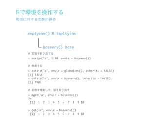 Rで環境を操作する
環境に対する変数の操作


   emptyenv() R_EmpltyEnv


            baseenv() base
   # 変数を割り当てる
   > assign("a", 1:10, envir = baseenv())

   # 検索する
   > exists("a", envir = globalenv(), inherits = FALSE)
   [1] FALSE
   > exists("a", envir = baseenv(), inherits = FALSE)
   [1] TRUE

   # 変数を検索して、値を取り出す
   > mget("a", envir = baseenv())
   $a
    [1] 1 2 3 4 5 6 7 8 9 10

   > get("a", envir = baseenv())
    [1] 1 2 3 4 5 6 7 8 9 10
 