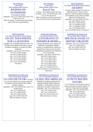 MC 93 Bobigny                                    MC 93 Bobigny                               MELO D'AMELIE
               1 bld Lénine                                     1 bld Lénine                     4 rue Marie Stuart Métro Etienne Marcel
        Métro Bobigny-Pablo Picasso                      Métro Bobigny-Pablo Picasso
                                                                                                             JACKPOT
           JOURNEE DU                                         Peau d’Âne                          Il devait valider la grille seul, mais il a
                                                    Création - Pour adultes à partir de 8 ans        oublié de le faire ! Osera-t-il leur
           PATRIMOINE                              novembre : sam. 17 à 20:30 h (4 pl.), dim.     annoncer ? Surtout quand la machine à
            Visite guidé du théâtre                         18 à 15:30 h (4 pl.) 0 €              rêve s'emballe et que certains ont déjà
septembre : sam. 15 à 15:00 h (0 pl.), dim. 16 à    Merci de donner vos noms réservation 8              acheté une voiture de luxe
              11:00 h (5 pl.) 0 €                   jours avant la date de la représentation,      septembre : jeu. 06 à 20:00 h (10 pl.),
 Merci de donner vos noms réservation 8 jours                                                           sam. 08 à 20:00 h (10 pl.),
      avant la date de la représentation,                                                                dim. 09 à 17:00 h (10 pl.),
                                                                                                         mar. 11 à 20:00 h (10 pl.),
                                                                                                         mer. 12 à 20:00 h (10 pl.),
                                                                                                         jeu. 13 à 20:00 h (10 pl.),
                                                                                                  ven. 14 à 20:00 h (10 pl.), 10 € pour 2

             MELO D'AMELIE                                 PARIS (Petit Théâtre de)                  PASSERELLE (Comédie de la)
   4 rue Marie Stuart Métro Etienne Marcel               15 rue Blanche Métro Trinité                102 rue Orfila Métro Gambetta
   ON EST TOUS PORTÉS                                L'ÉTUDIANTE ET                              DOCTEUR ANAËL ET
    SUR LA QUESTION                                 MONSIEUR HENRI Une                            MISTER CORANTIN
Comédie osée. Totalement débridée, folle ! Un        comédie décapante sur les ingérences         septembre : dim. 16 à 15:00 h (4 pl.),
 véritable carton. Quatre bons auteurs, quatre         familiales, les hérédités lourdes à              dim. 23 à 15:00 h (4 pl.),
  excellents comédiens, un metteur en scène         assumer, et la difficulté de concilier les        dim. 30 à 15:00 h (4 pl.) 0 €
                    talentueux                       grands rêves d’une vie avec les petits            Merci de donner vos noms
    septembre : jeu. 06 à 21:30 h (10 pl.),        arrangements quotidiens que chacun fait
           ven. 07 à 21:30 h (10 pl.),                         avec sa consience
           sam. 08 à 17:00 h (10 pl.),               septembre : sam. 08 à 17:00 h (4 pl.),
           mar. 11 à 21:30 h (10 pl.),                     dim. 09 à 15:00 h (4 pl.),
           mer. 12 à 21:30 h (10 pl.),                     mar. 11 à 21:00 h (4 pl.),
            jeu. 13 à 21:30 h (10 pl.),                    mer. 12 à 21:00 h (4 pl.),
           ven. 14 à 21:30 h (10 pl.),                      jeu. 13 à 21:00 h (4 pl.),
                   10 € pour 2                             ven. 14 à 21:00 h (4 pl.),
                                                           sam. 15 à 17:00 h (4 pl.),
                                                          dim. 16 à 15:00 h (4 pl.) 0 €
                                                     Merci de donner vos noms lors de la
                                                                   réservation

       PASSERELLE (Comédie de la)                       PASSERELLE (Comédie de la)                   PASSERELLE (Comédie de la)
       102 rue Orfila Métro Gambetta                    102 rue Orfila Métro Gambetta                102 rue Orfila Métro Gambetta
LA LOUCHE EN OR La Louche                          LE BAL DES ABEILLES                               LE PETIT ROI DES
 en or est une invitation au voyage au pays de       Mathilde et Guillaume préparent leur
  l’imaginaire africain mêlant conte, théâtre,       émission de Radio Nature spéciale «
                                                                                                         FLEURS
              musique et danse…                       Abeilles ». Ils attendent l’arrivée de     C’est l’histoire d’un tout petit roi qui vit
septembre : mer. 12 à 14:00 h (4 pl.), sam. 15 à    l’apiculteur local pour l’interviewer…       dans un tout petit, tout petit château. Ce
                 14:00 h (4 pl.),                    septembre : mer. 12 à 15:30 h (4 pl.),        petit roi est passionné de jardinage
            mer. 19 à 14:00 h (4 pl.),                     sam. 15 à 15:30 h (4 pl.),             septembre : mer. 12 à 10:30 h (4 pl.),
            sam. 22 à 14:00 h (4 pl.),                     mer. 19 à 15:30 h (4 pl.),                    dim. 16 à 11:00 h (4 pl.),
            mer. 26 à 14:00 h (4 pl.),                   sam. 22 à 15:30 h (4 pl.), 0 €                  mer. 19 à 10:30 h (4 pl.),
          sam. 29 à 14:00 h (4 pl.) 0 €                   Merci de donner vos noms                     dim. 23 à 11:00 h (4 pl.), 0 €
           Merci de donner vos noms                                                                     Merci de donner vos noms




                                                                                                                                            6
 