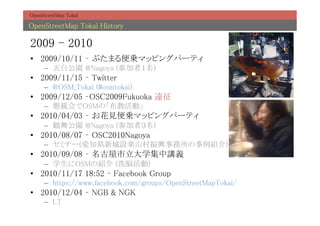 OpenStreetMap Tokai	

OpenStreetMap Tokai History	

2009 - 2010	
?? 2009/10/11 C ֤ޤ\ޥåԥ󥰥ѩ`ƥ	
     C? ׹@ @Nagoya (μߣ)	
?? 2009/11/15 C Twitter	
     C? @OSM_Tokai (#osmtokai)	
?? 2009/12/05 COSC2009Fukuoka h	
     C? HOSMΡ̻ӡ	
?? 2010/04/03 C Ҋ\ޥåԥ󥰥ѩ`ƥ	
     C? Q蹫@ @Nagoya (μߣ)	
?? 2010/08/07 C OSC2010Nagoya	
     C? ߥʩ`(֪h³OSɽdB)	
?? 2010/09/08 C ѧvx	
     C? ѧOSMνB (ϴ×)	
?? 2010/11/17 18:52 C Facebook Group	
     C? https://www.facebook.com/groups/OpenStreetMapTokai/	
?? 2010/12/04 C NGB & NGK	
     C? LT	
 
