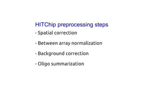 HITChip preprocessing steps
- Spatial correction
- Between array normalization
- Background correction
- Oligo summarization
 