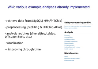 Wiki: various example analyses already implemented


- retrieve data from MySQL( H/M/PITChip)
- preprocessing (profiling & HITChip Atlas)
- analysis routines (diversities, tables,
Wilcoxon tests etc.)
- visualization
-> improving through time
 