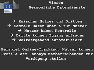 Vision
           Persönliche Datendienste


     Zwischen Nutzer und Dritten
   Sammeln Daten über & für Nutzer
       Nutzer haben Kontrolle
    Dritte können Zugang erfragen
     weitestgehend automatisiert

Beispiel Online-Tracking: Nutzer können
Profile etc. anonym Werbetreibenden zur
           Verfügung stellen.
 