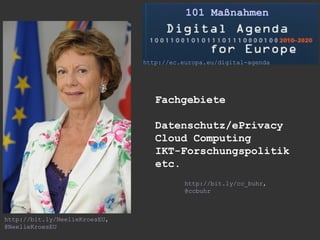 101 Maßnahmen



                               http://ec.europa.eu/digital-agenda




                                  Fachgebiete

                                  Datenschutz/ePrivacy
                                  Cloud Computing
                                  IKT-Forschungspolitik
                                  etc.
                                          http://bit.ly/cc_buhr,
                                          @ccbuhr



http://bit.ly/NeelieKroesEU,
@NeelieKroesEU
 