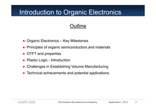 Introduction to Organic Electronics
                                 Outline

 ● Organic Electronics – Key Milestones
 ● P...