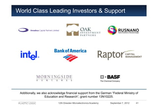 41

World Class Leading Investors & Support




 Additionally, we also acknowledge financial support from the German “Fede...