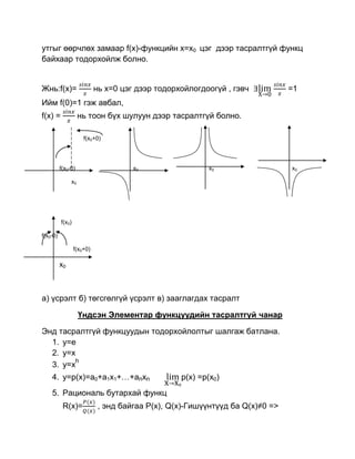 утгыг өөрчлөх замаар f(x)-функцийн x=x0 цэг дээр тасралтгүй функц
байхаар тодорхойлж болно.


Жнь:f(x)=                   нь x=0 цэг дээр тодорхойлогдоогүй , гэвч           =1
Ийм f(0)=1 гэж авбал,
f(x) =              нь тоон бүх шулуун дээр тасралтгүй болно.

                      f(x0+0)




          f(x0-0)                     x0                 x0                    x0

               x0




          f(x0)

f(x0-0)

                  f(x0+0)

          x0



a) үсрэлт б) төгсгөлгүй үсрэлт в) зааглагдах тасралт

                    Үндсэн Элементар функцуудийн тасралтгүй чанар

Энд тасралтгүй функцуудын тодорхойлолтыг шалгаж батлана.
  1. y=e
  2. y=x
        h
  3. y=x
    4. y=p(x)=a0+a1x1+…+anxn                      p(x) =p(x0)
    5. Pациональ бутархай функц
           R(x)=             , энд байгаа P(x), Q(x)-Гишүүнтүүд ба Q(x)≠0 =>
 