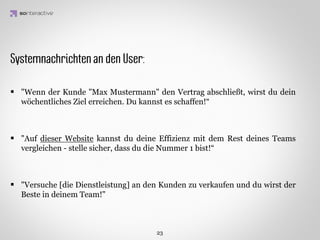 Spielertypen…
  Den einen idealen Spielertyp gibt es nicht. Die Spielmotivation steht in Abhängigkeit
    zum jeweiligen Spiel, den teilnehmenden Charakteren und den verwendeten
                              Motivationsmechanismen.

                 IDEA KREATYWNA
   Um ein effektives Gamiﬁcationsystem aufzubauen, muss eine Reihe an
unterschiedlichen psychologischen Motivatoren berücksichtigt werden. Vor
   allem sollte das System den Erwartungen und Präferenzen der Spieler
entsprechen. Für jeden gibt es einen anderen interessanten Aspekt innerhalb
                                  des Spiels.
 