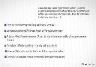 Auszeichnungen können frei angepasst werden. Es können
                                      allgemeingültige Badges kreiert werden, die für alle Mitarbeiter
                                      zählen, sowie individuelle für diejenigen, die an der Spitze eines
                                      bestimmten Teams sind, z.B:


Proﬁ für Kreditverträge (100 abgeschlossene Verträge)



                  IDEA KREATYWNA
Verhandlungsexperte (Minimale Anzahl an Vertragsrücktritten)

Anfänger/ Proﬁ Kundenbetreuuer (Anzahl der durch Kundenempfehlung hinzugewonennen
Kunden)

Flotte Lotte (5 Telefonate binnen 1h erfolgreich absolviert)

Salomon (Mitarbeiter mit der höchsten Aufklärungsrate in Fällen)

Casanova (Mitarbeiter mit der höchsten Kundezufriedenheitsrate)
 