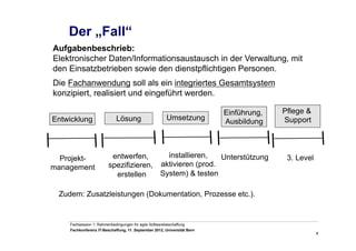 8
Fachsession 1: Rahmenbedingungen für agile Softwarebeschaffung
Fachkonferenz IT-Beschaffung, 11. September 2012, Universität Bern
Der „Fall“
Aufgabenbeschrieb:
Elektronischer Daten/Informationsaustausch in der Verwaltung, mit
den Einsatzbetrieben sowie den dienstpflichtigen Personen.
Die Fachanwendung soll als ein integriertes Gesamtsystem
konzipiert, realisiert und eingeführt werden.
Projekt-
management
Entwicklung Lösung Umsetzung
Einführung,
Ausbildung
Pflege &
Support
entwerfen,
spezifizieren,
erstellen
Zudem: Zusatzleistungen (Dokumentation, Prozesse etc.).
installieren,
aktivieren (prod.
System) & testen
Unterstützung 3. Level
 